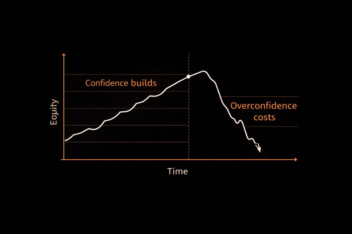 Equity curve chart showing steady gains followed by a sharp drawdown from overconfident trading