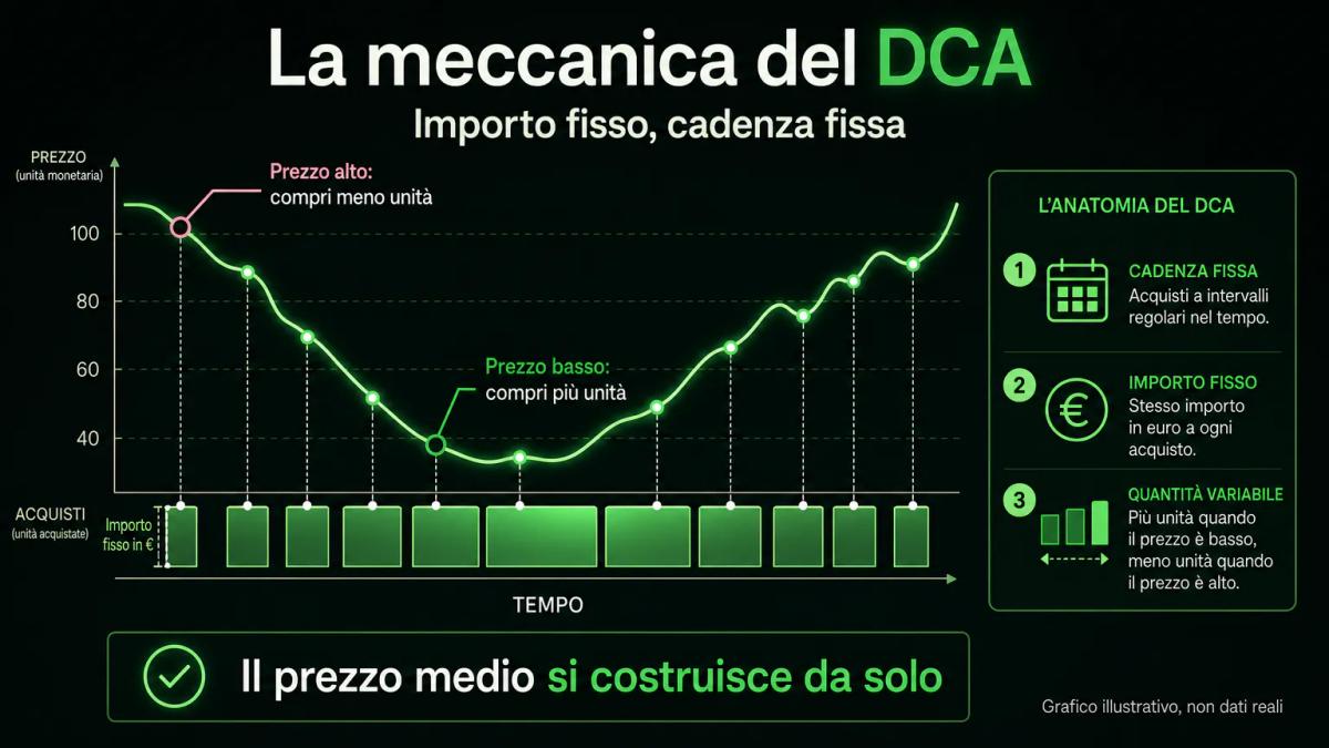 La meccanica del DCA: a importo costante il numero di unità acquistate cresce quando il prezzo scende