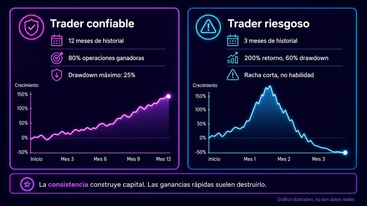 Tabla comparativa de dos traders: uno con historial largo y drawdown controlado versus otro con retorno alto pero drawdown ex