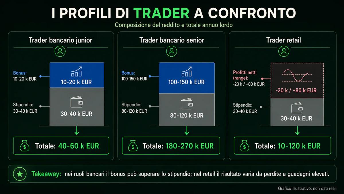 Tabella comparativa di tre profili di trader con stipendio base, bonus e reddito totale annuo