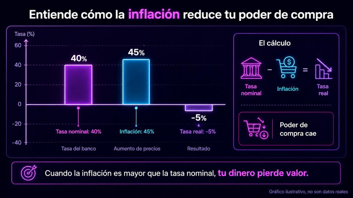 Gráfico que muestra tasa nominal, inflación y tasa real como tres líneas, con la tasa real cayendo por debajo de cero