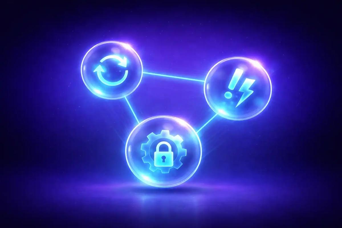 Tres esferas 3D translúcidas conectadas por líneas de luz cian, representando revenge trading, FOMO y parálisis por análisis