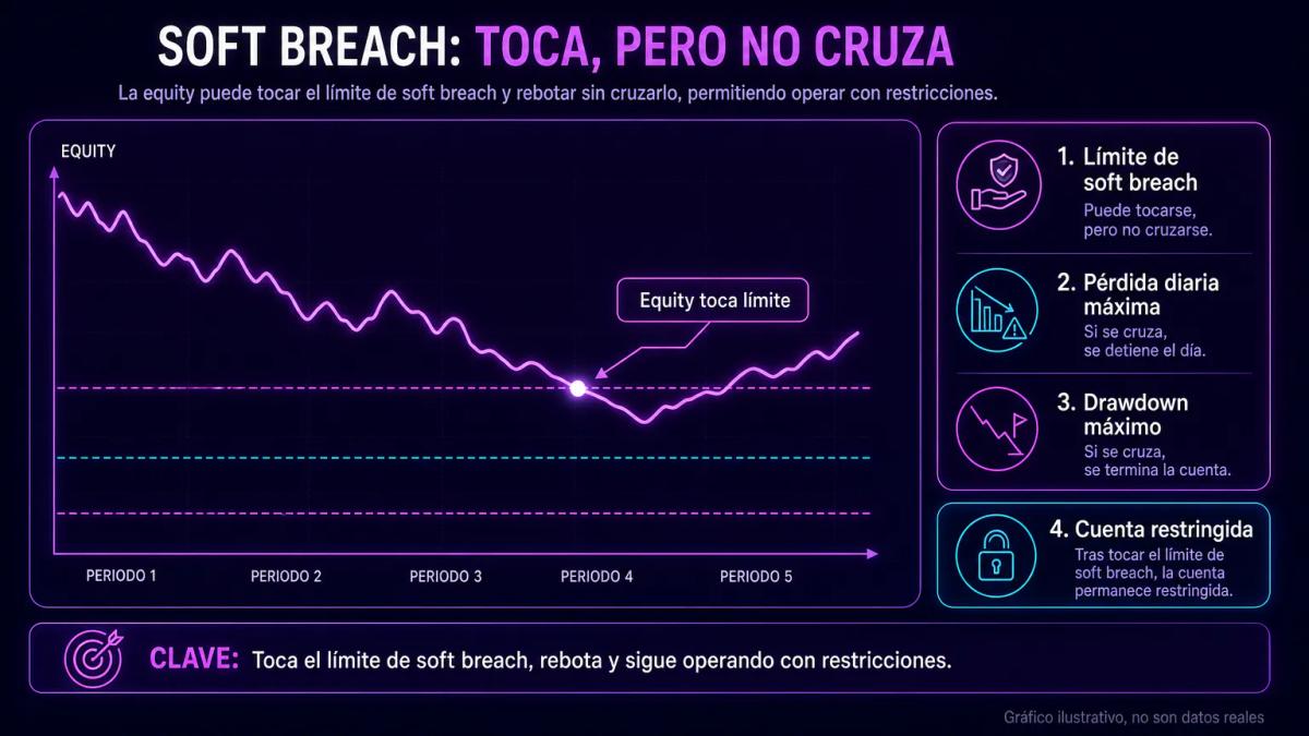 Gráfico editorial con tres límites de riesgo y una línea de equity que toca el primero sin cruzarlo