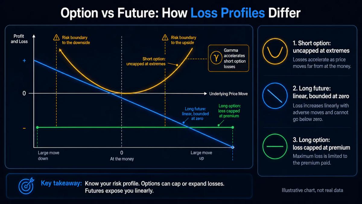 Loss curves for long option, long future, and short option showing bounded versus unbounded downside risk