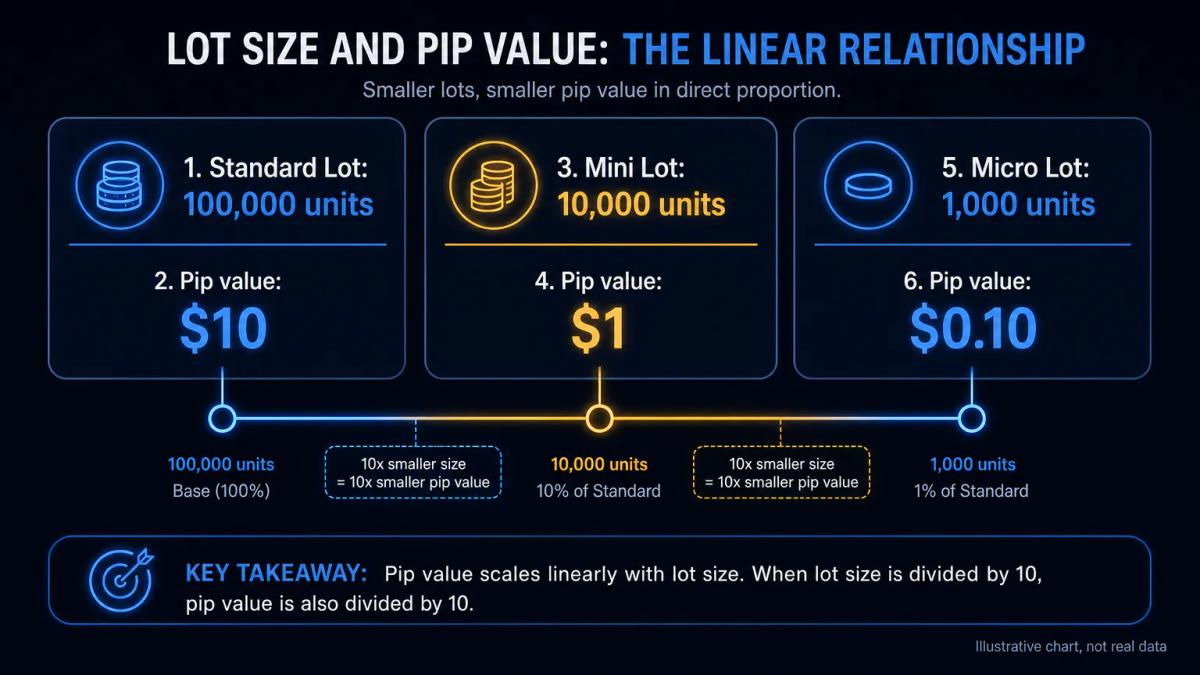 Comparison table showing standard, mini and micro lot pip values for EUR/USD