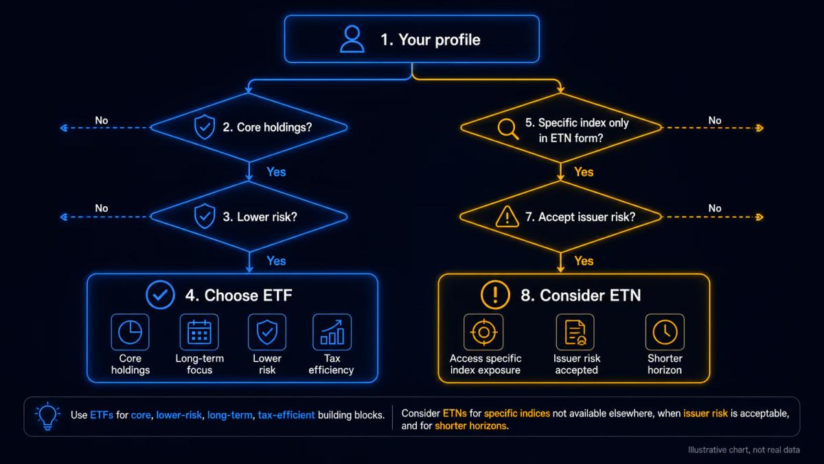 Decision tree flowchart guiding investor choice between ETFs and ETNs based on risk tolerance, holding period and index avail