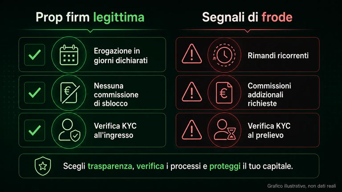 Tabella comparativa che contrasta payout legittimi con segnali di frode: tempistiche, commissioni, richieste di verifica