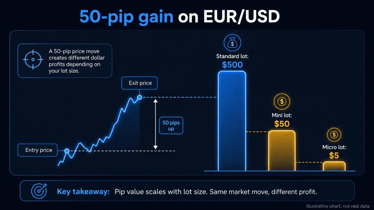 Three profit outcomes from the same 50-pip move on standard, mini and micro lots