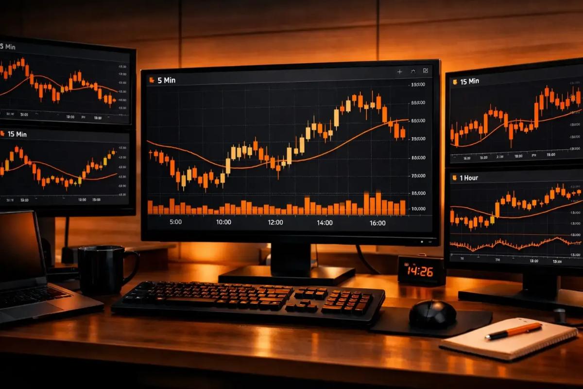 Professional intraday trading workstation with multiple screens showing candlestick charts and intraday timeframes