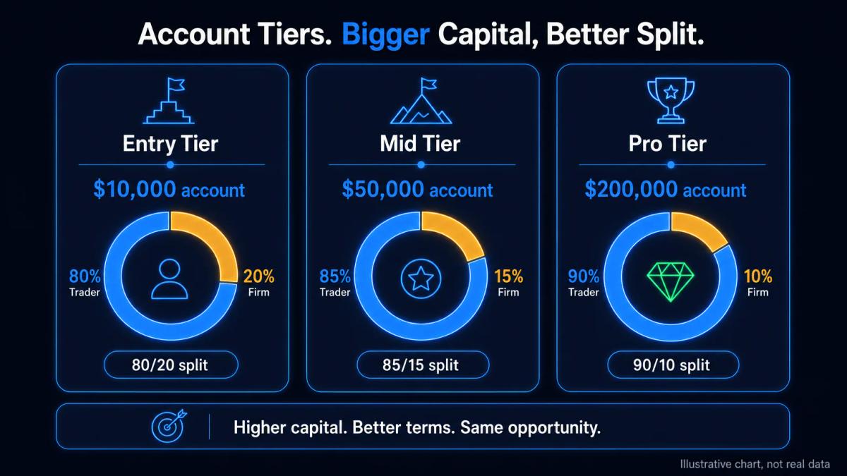Three account tiers showing capital allocation and corresponding profit-split percentages