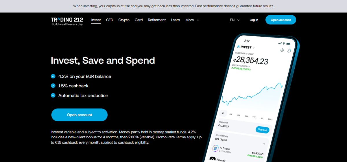 Trading 212 homepage hero highlighting Invest, ISA and CFD accounts with zero commission