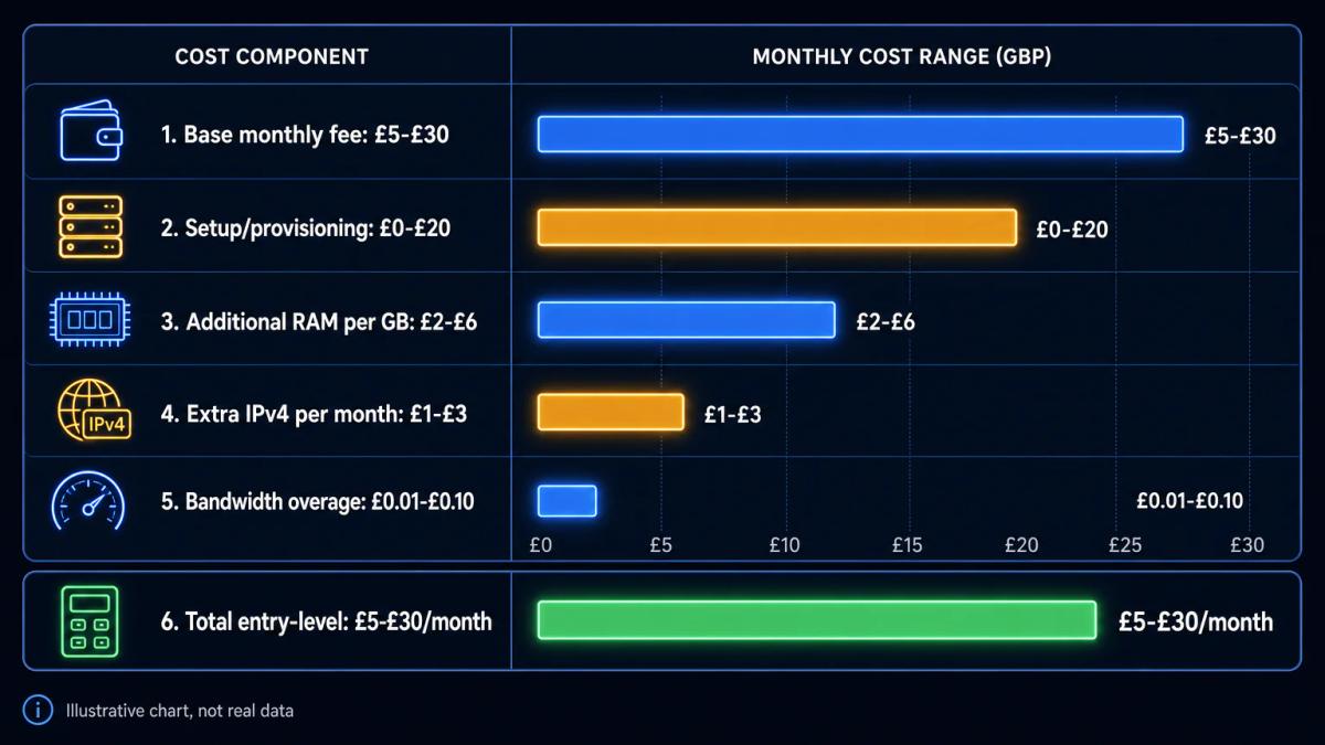 Cost breakdown table showing base fee, setup, RAM upgrades, IP addresses, and bandwidth overage with typical price ranges
