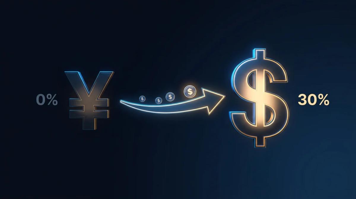 Two currency symbols with interest rate percentages and an arrow showing capital flowing from low-rate to high-rate currency