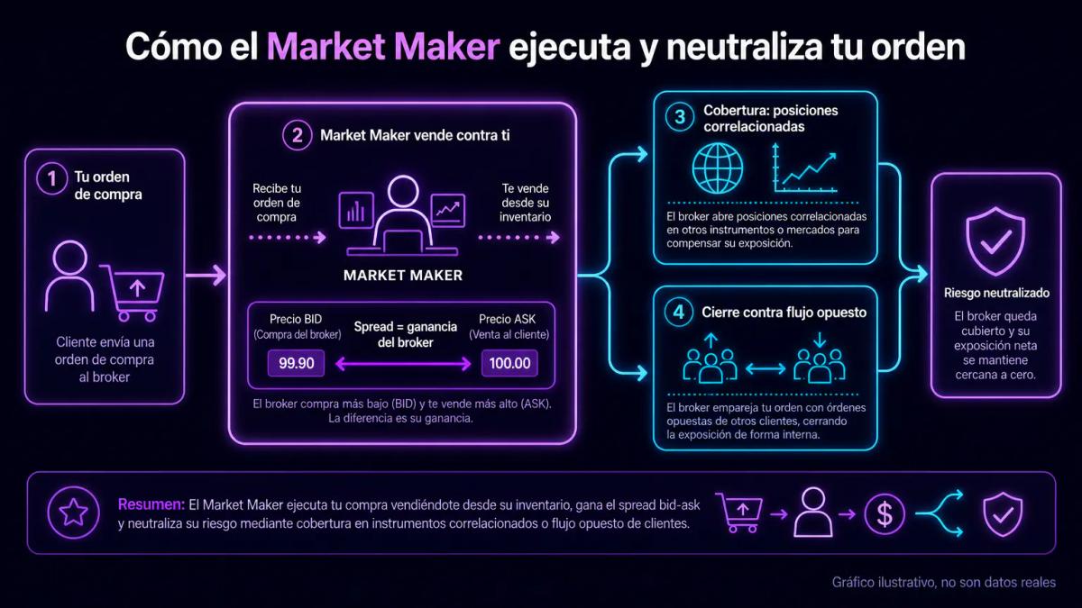 Diagrama de flujo de una orden Market Maker: entrada de cliente, absorción interna, cobertura con posiciones correlacionadas