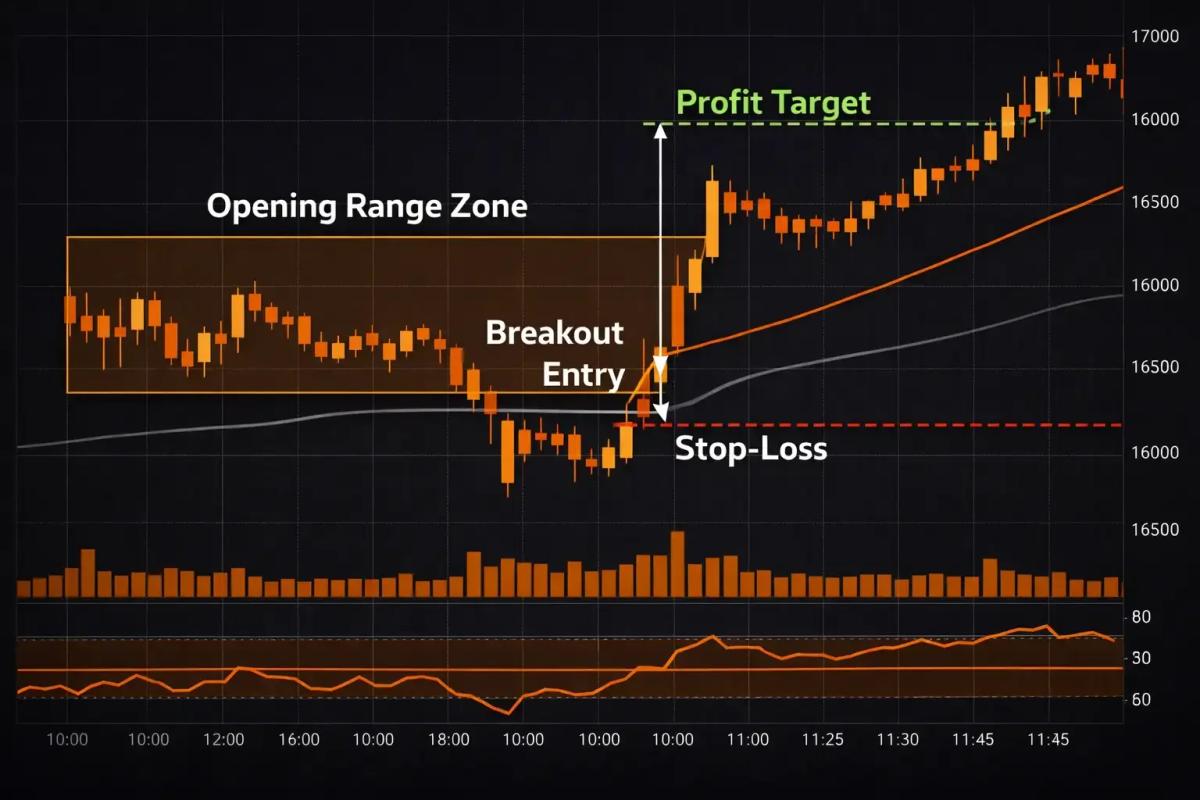 Opening range breakout chart setup showing highlighted range zone breakout entry stop-loss and profit target levels