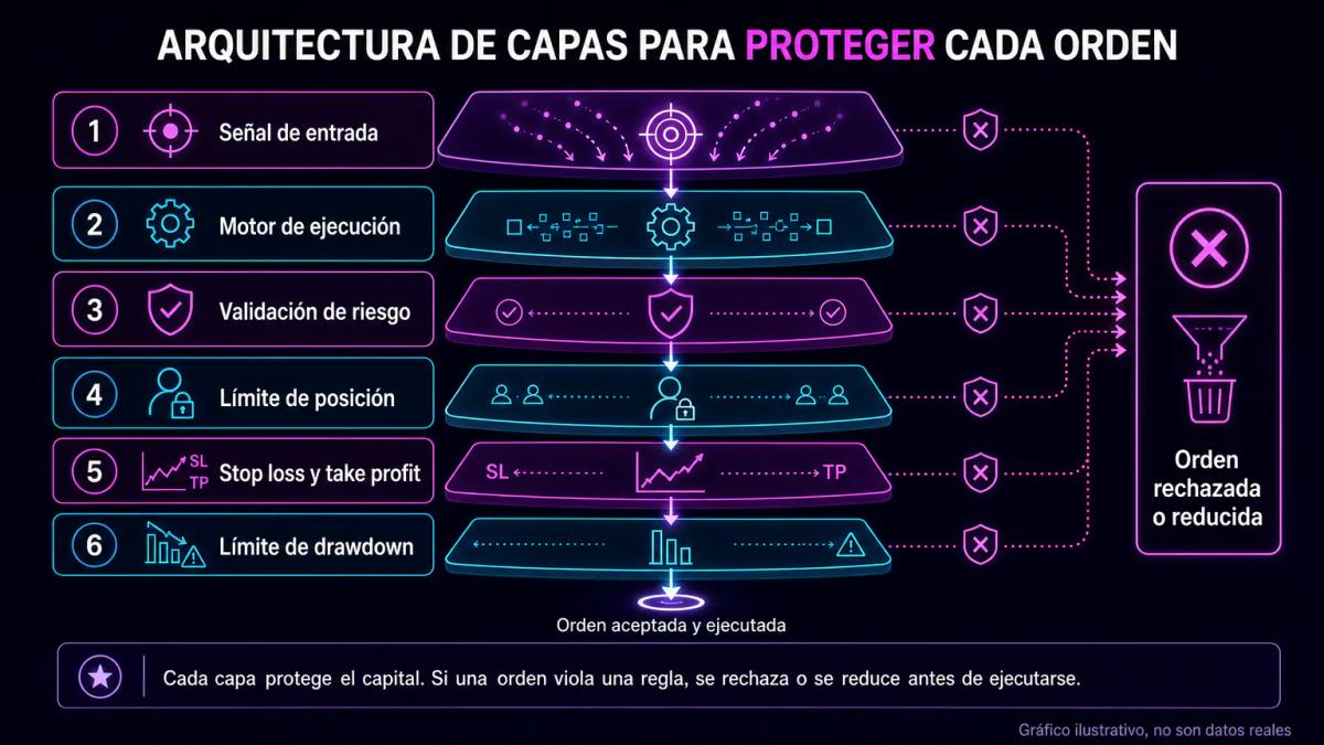 Capas de control de riesgo en un bot: señal, motor de ejecución, límites duros de posición y drawdown