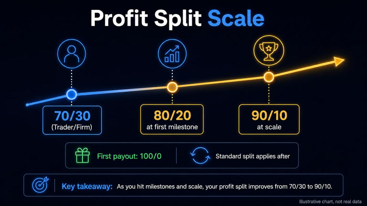 Profit split sliding scale from 70/30 to 90/10 in trader favour, with scaling milestones