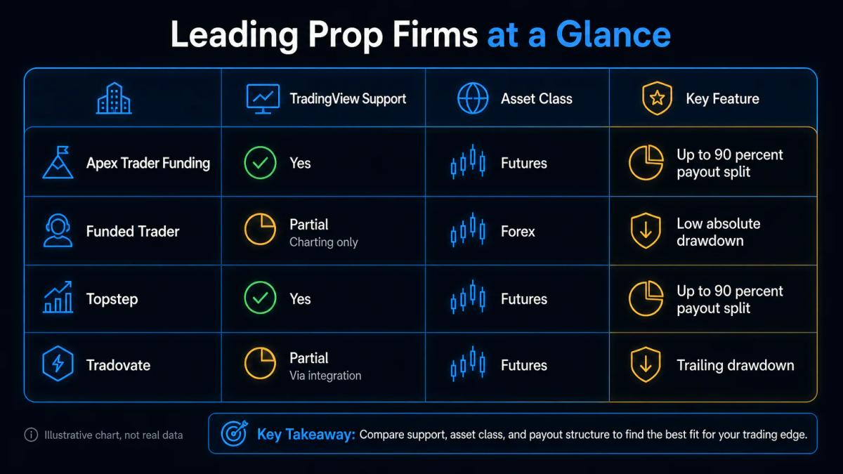 Comparison table of prop firms showing TradingView integration, profit targets and payout splits