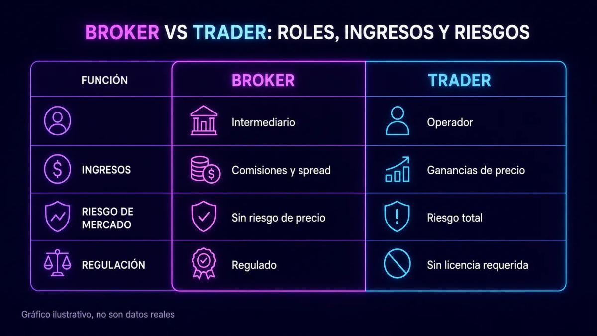 Tabla de dos columnas que contrasta función, ingresos, riesgo y regulación entre broker y trader