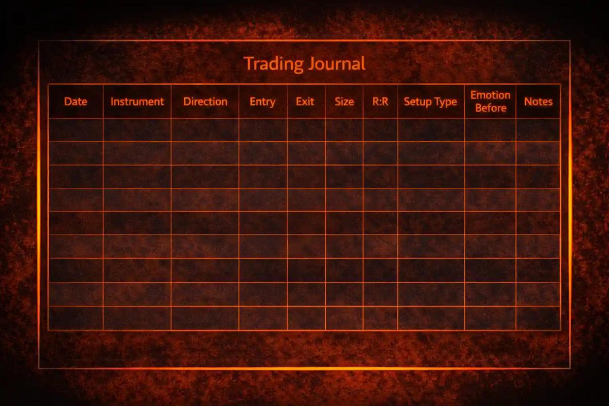 Trading journal template layout with column headers for trade data, strategy, and psychology fields