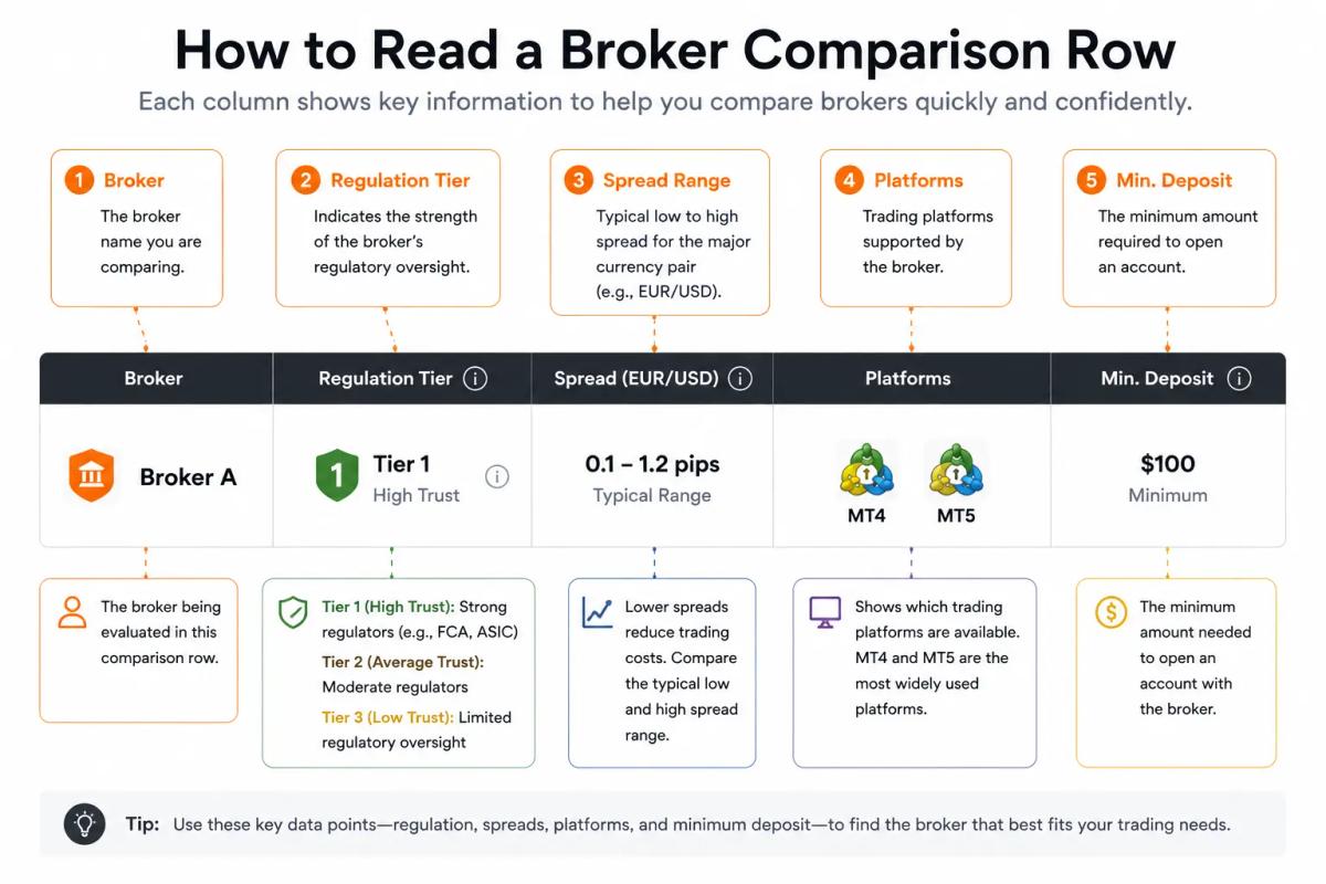Annotated diagram explaining how to read forex broker comparison data including spreads, regulation, and platforms