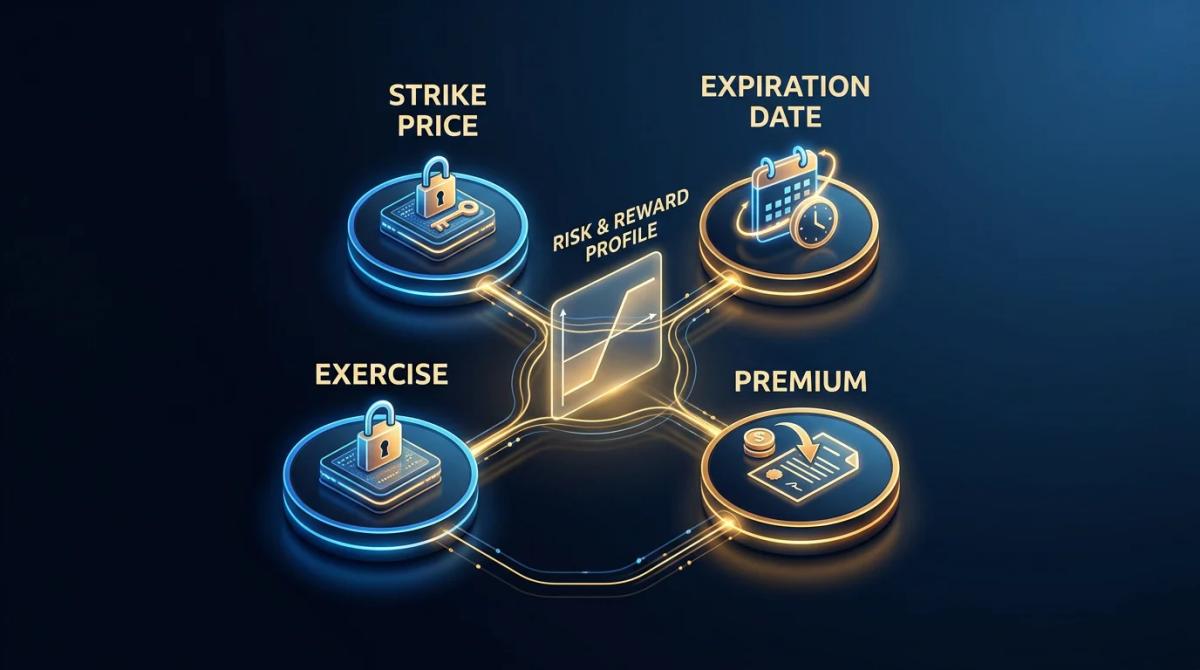 Strike price, expiration date, and premium displayed as three interconnected variables on a contract