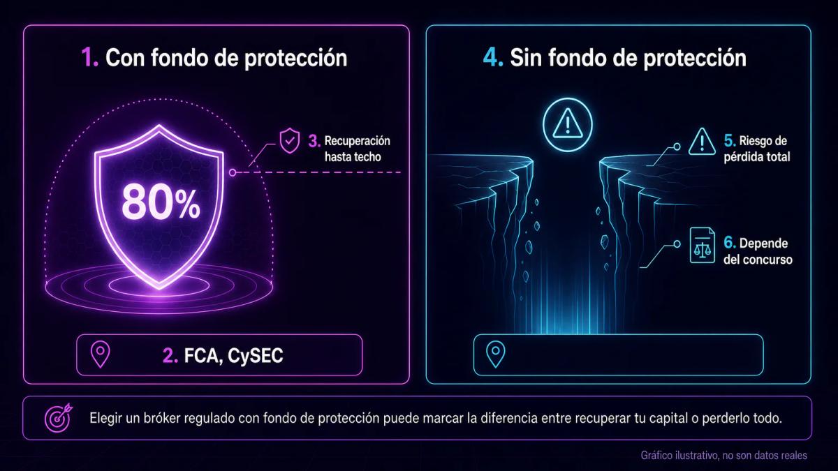 Comparativa de fondos de protección: jurisdicciones con fondo compensatorio versus sin fondo, mostrando recuperación de depós