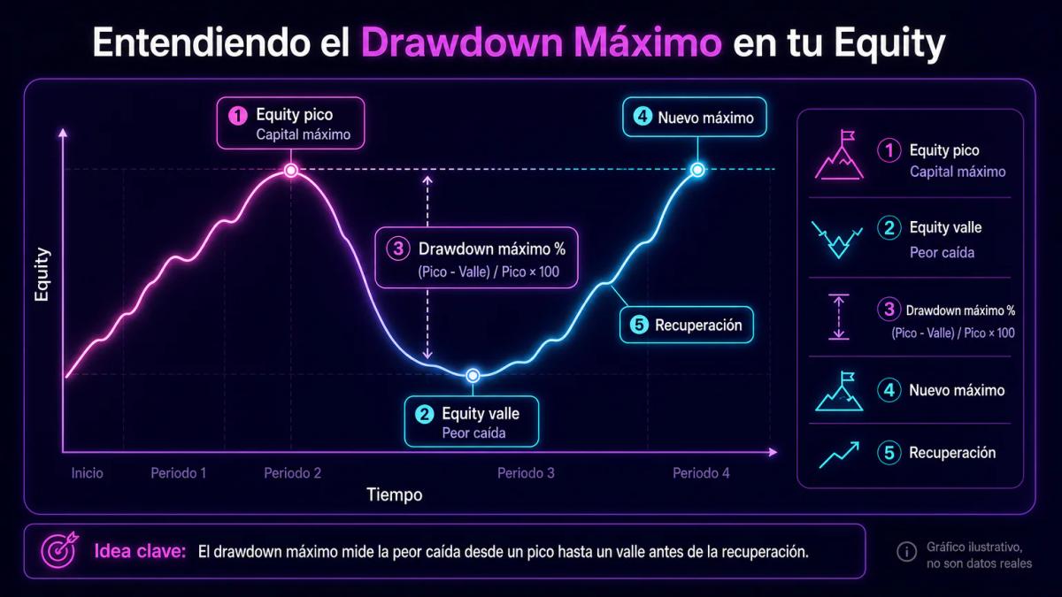 Curva de equity con pico máximo, valle mínimo y porcentaje de caída anotado entre ambos puntos