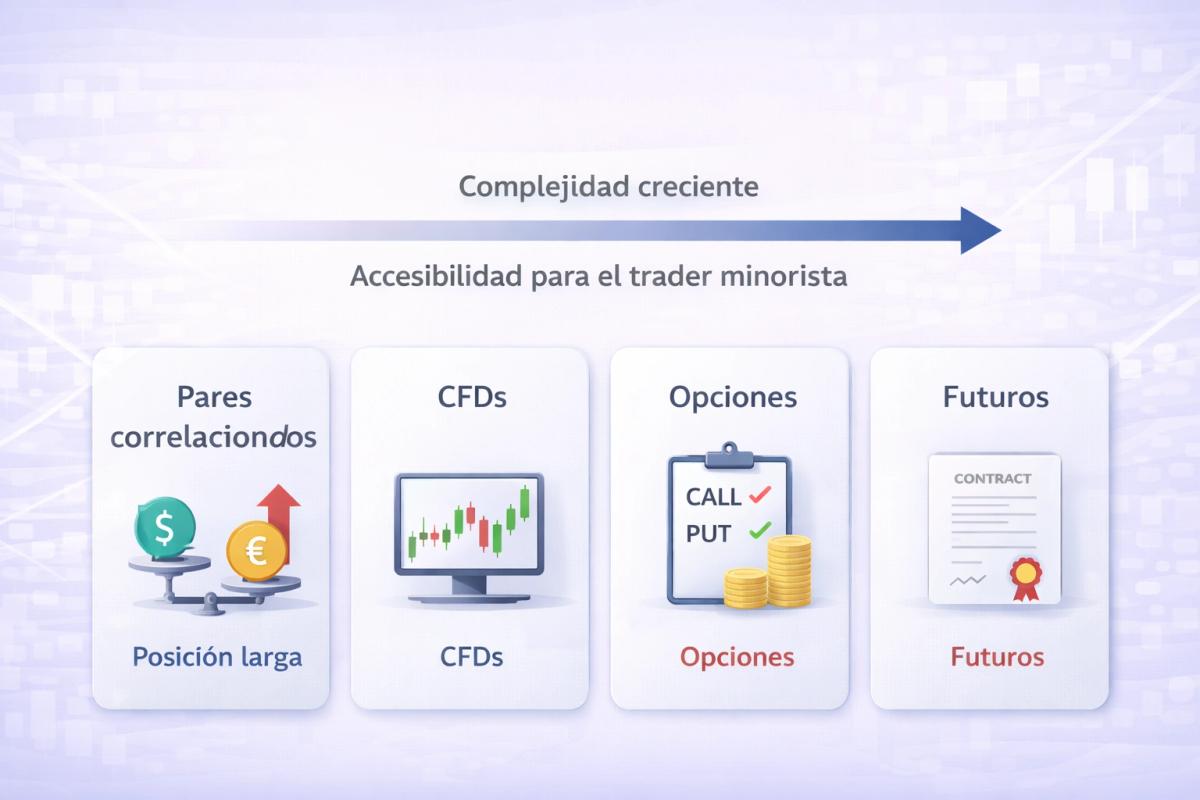 Diagrama comparativo de instrumentos de hedging ordenados por complejidad: pares correlacionados, CFDs, opciones, futuros