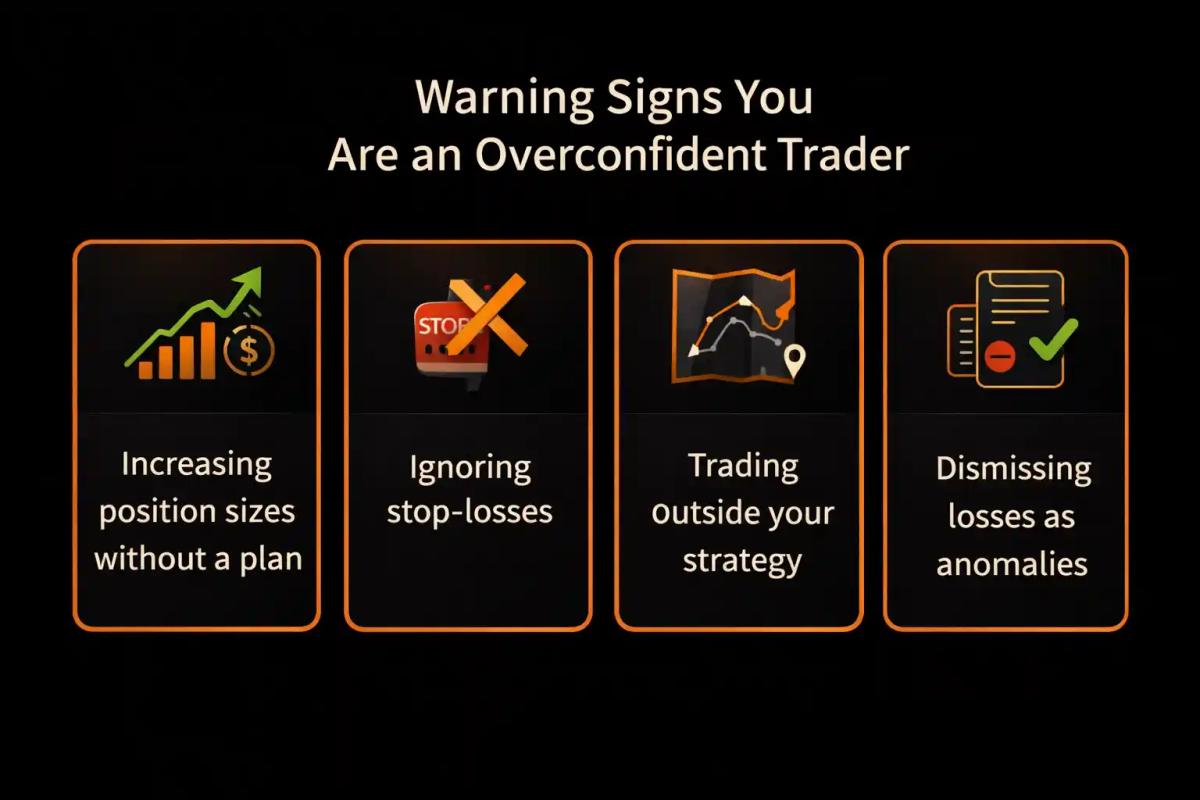 Infographic listing four warning signs of an overconfident trader with icons