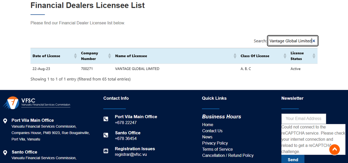 Elenco VFSC dei titolari di licenza con Vantage Global Limited (700271)