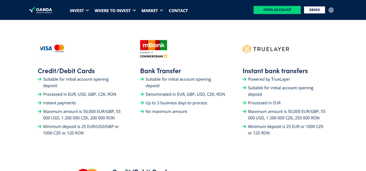 OANDA UK funding and withdrawals options with cards and bank transfer