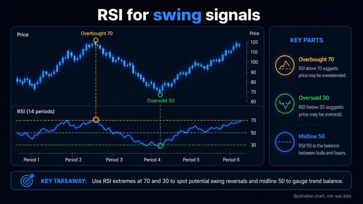 Illustrative chart of the RSI (14) for swing signals, with the overbought 70 and oversold 30 zones