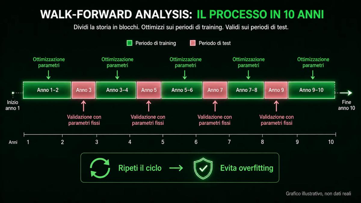 Infografica che mostra il flusso del walk-forward testing: dati divisi in periodi di training e test, con parametri ottimizza