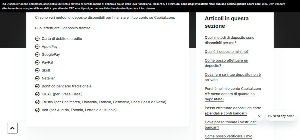 Pagina pagamenti di Capital.com con metodi di deposito e prelievo e valute supportate