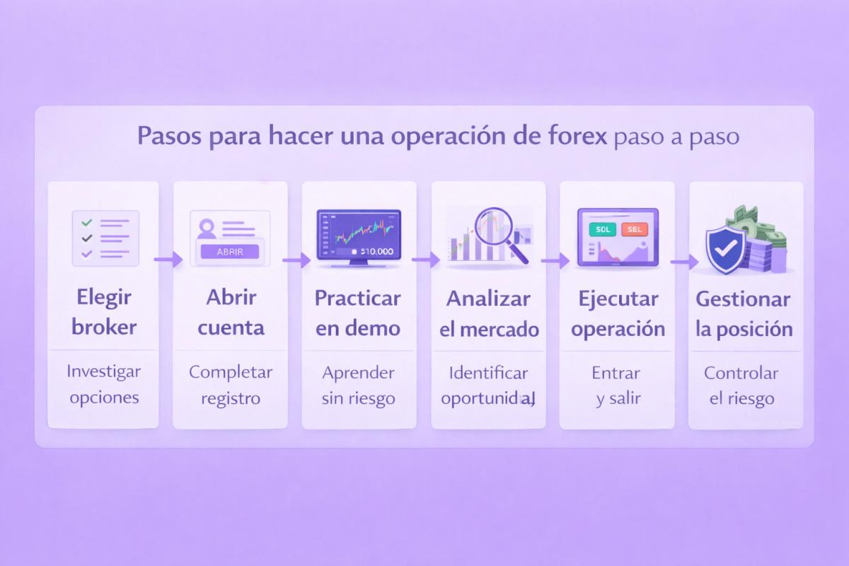 Diagrama de flujo con pasos para hacer la primera operación en forex