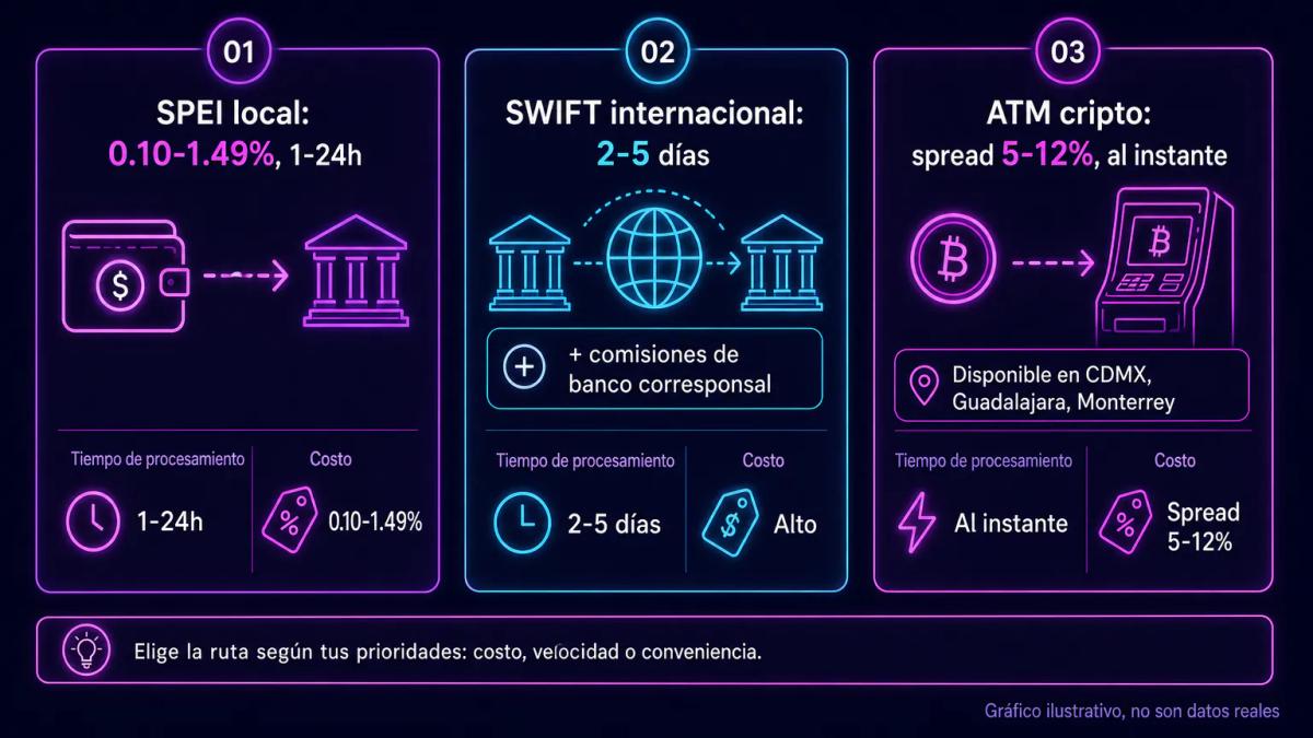 Diagrama de tres rutas de retiro con comisiones y tiempos: SPEI local, SWIFT internacional, y ATM cripto con spreads