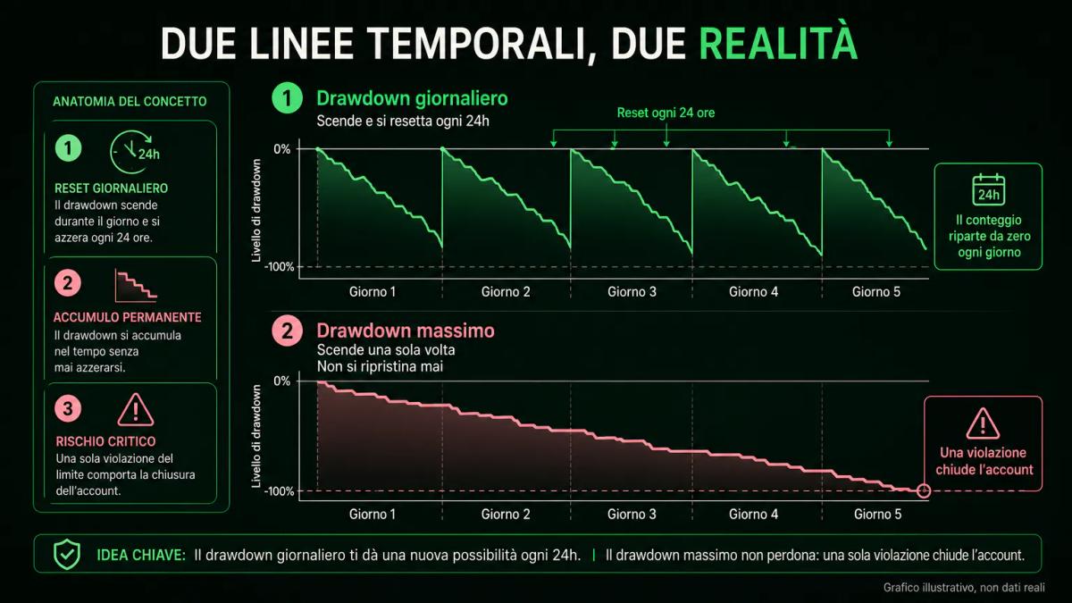 Confronto visivo tra drawdown giornaliero che si resetta ogni 24 ore e drawdown massimo che si accumula per tutta la sfida