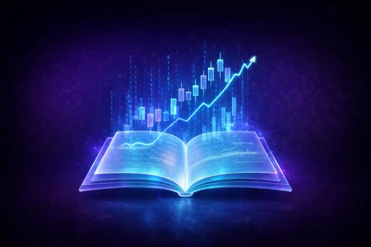 Ilustración 3D de diario de trading en cristal con líneas de datos emergiendo, fondo púrpura profundo