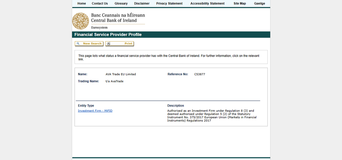 Pagina del registro della Central Bank of Ireland per AVA Trade EU Limited, numero C53877