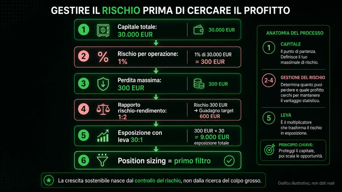 Diagramma che mostra il calcolo del position sizing: capitale totale, percentuale di rischio dell'1%, importo massimo per ope