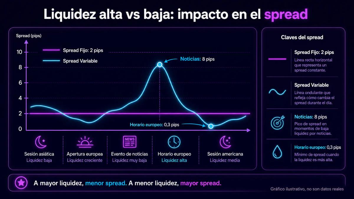 Comparación visual de spread fijo constante versus spread variable que se amplía y reduce según condiciones