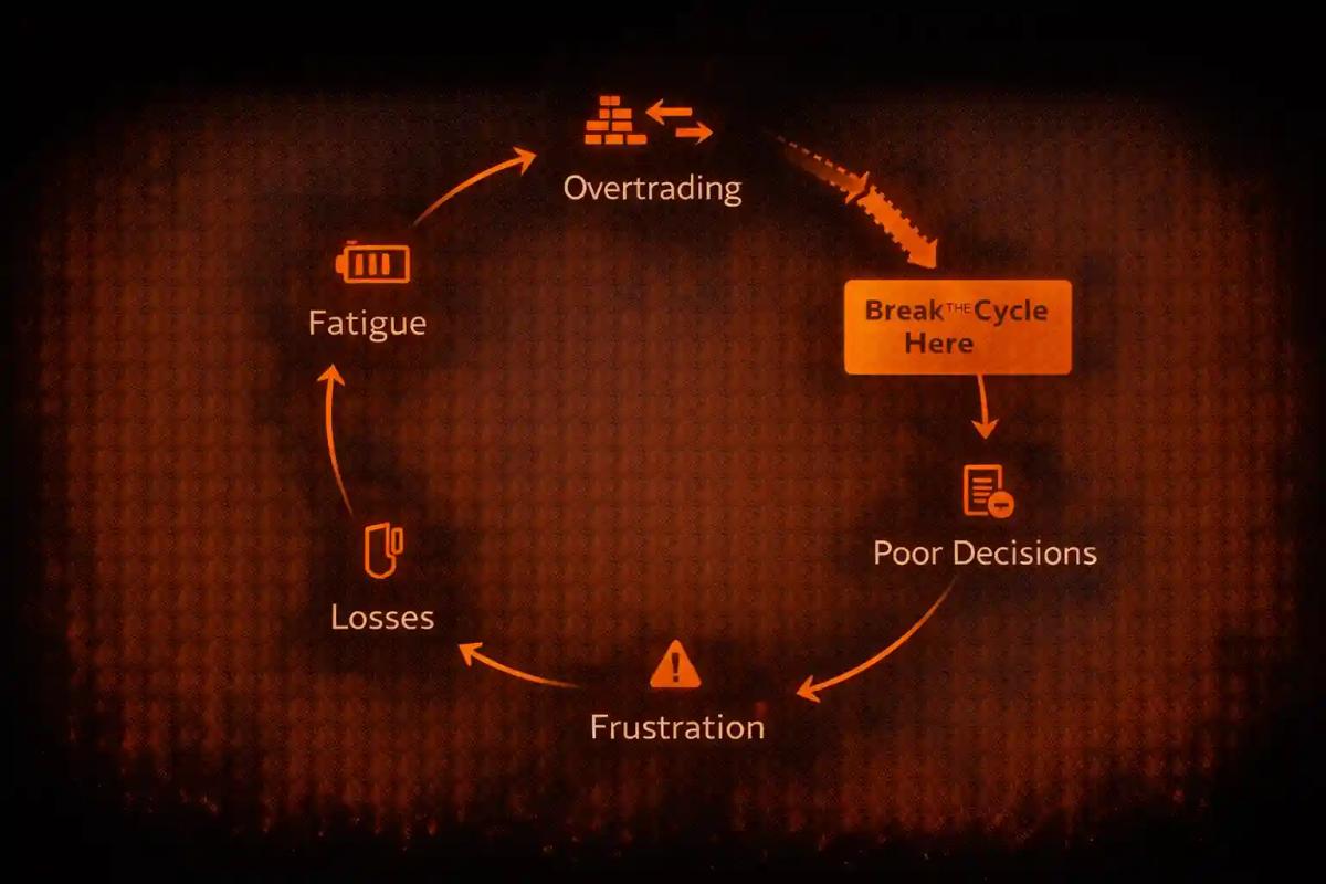 Burnout cycle diagram showing overtrading fatigue losses frustration loop with break point