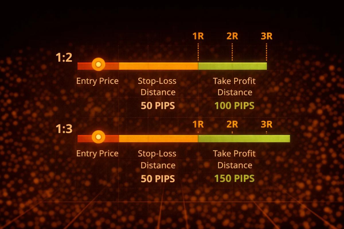 Risk-reward ratio examples showing 1 to 2 and 1 to 3 setups for trade exits