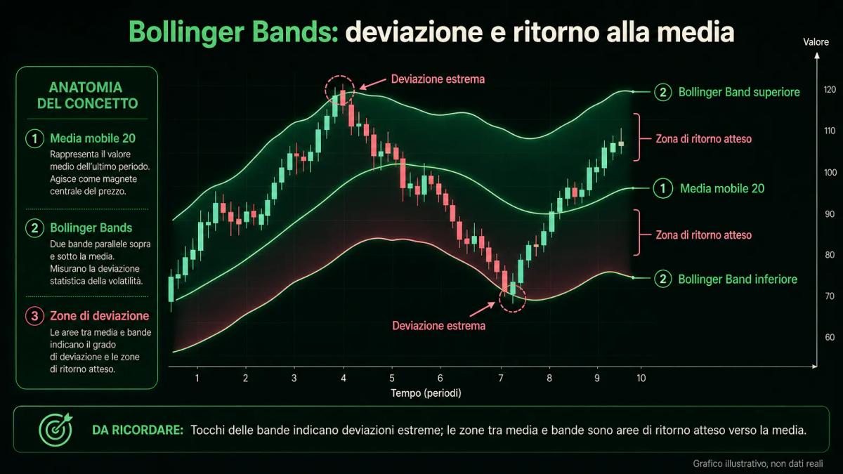Grafico editoriale con media mobile, Bollinger Bands e zone di ipercomprato e ipervenduto annotate