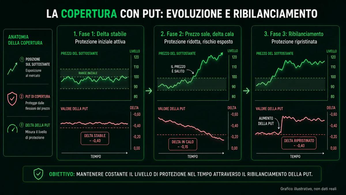 Sequenza di tre grafici che mostrano come il delta dell'opzione cambia mentre il prezzo si muove, richiedendo ribilanciamento