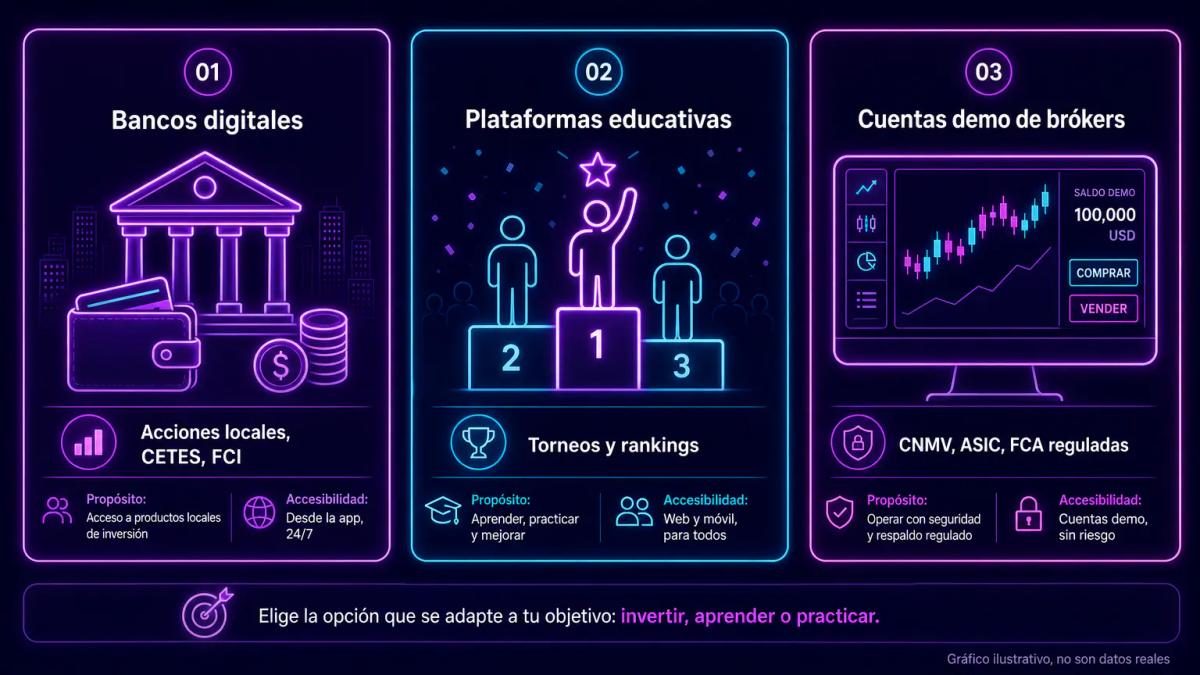 Tres categorías de plataformas virtuales: banco digital, plataforma educativa con ranking, y cuenta demo de bróker regulado
