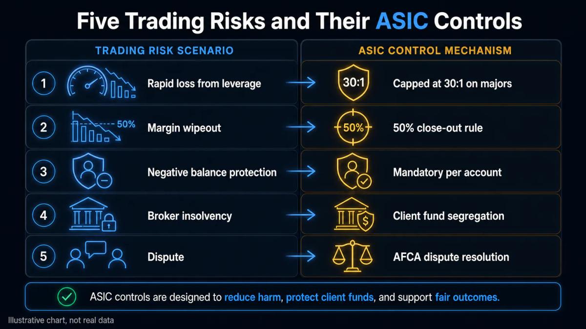 Five risk categories with corresponding ASIC controls: leverage cap, margin close-out, negative balance protection, fund segr