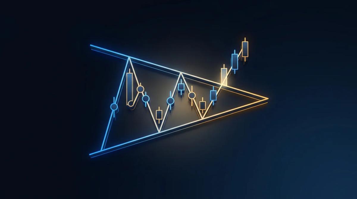 Diagram of the symmetrical triangle pattern with structure and breakout marked (Illustrative example · synthetic data, not real prices)
