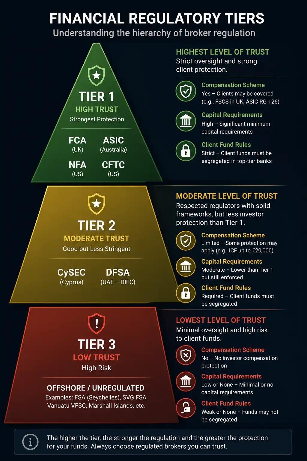 Forex broker regulatory tier diagram showing Tier 1 FCA ASIC versus Tier 2 CySEC versus offshore